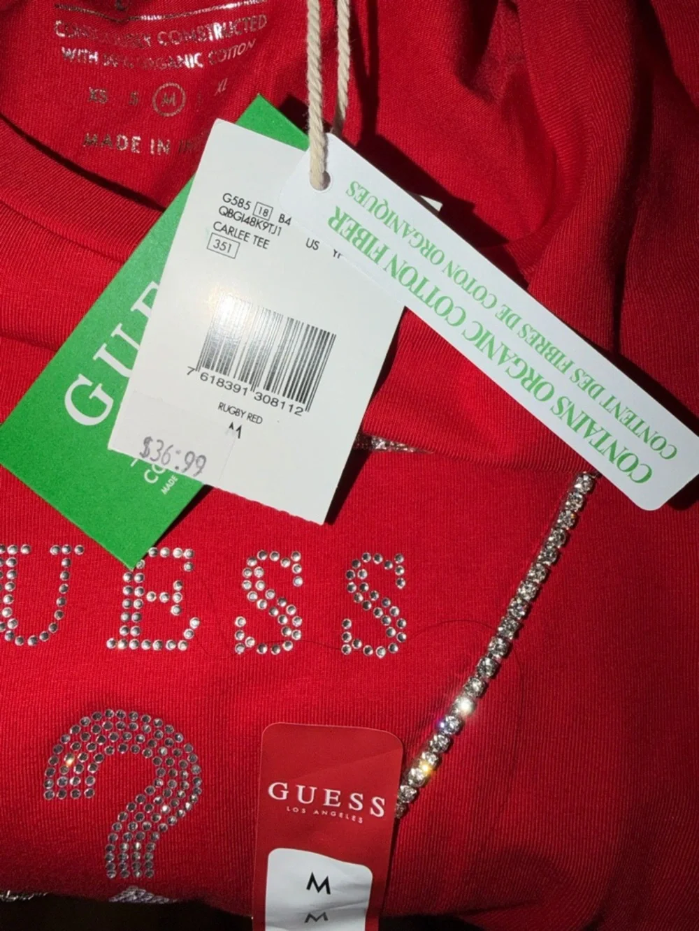 GUESS Red Rhinestone Triangle Logo Tee - Picture 5 of 5